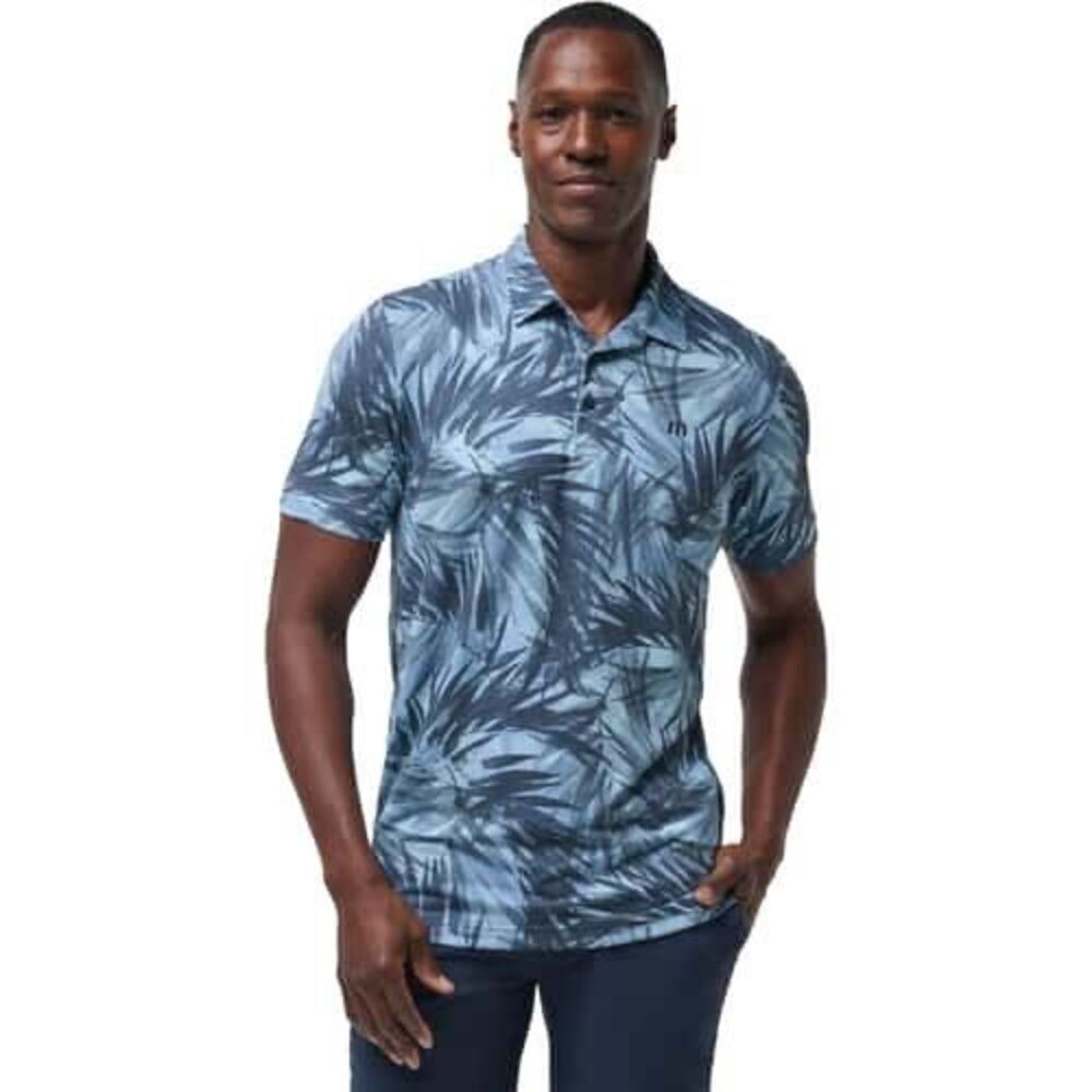 Travis Mathew Mens Forest Reserve Polo in a blue leaf print pattern sz 2XL NWT